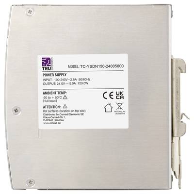 Gekennzeichnetes Metall-Stromversorgungsgerät mit Modell TC-YSDN150-24005000; Eingang 100-240V AC, Ausgang 24V 5A 120W, Umgebungstemperatur -20 bis +50°C.