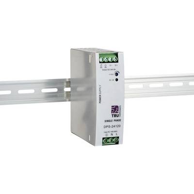 Gehäuse eines einphasigen Netzgeräts 'DPS-24120' von TRU Components, montiert auf einer Hutschiene. Input: 100-240V, Output: DC 24V 5A.