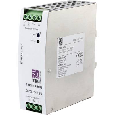 Einphasiges Netzteil DPS-24120 von TRU Components, Eingang AC 100-240V, Ausgang DC 24V/5A, für industrielle Anwendungen geeignet.