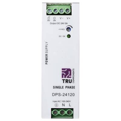Einphasiges Netzteil DPS-24120 der Marke TRU, Eingang AC 100-240V, Ausgang DC 24V 5A. Enthält LEDs für DC-OK und DC-OK.