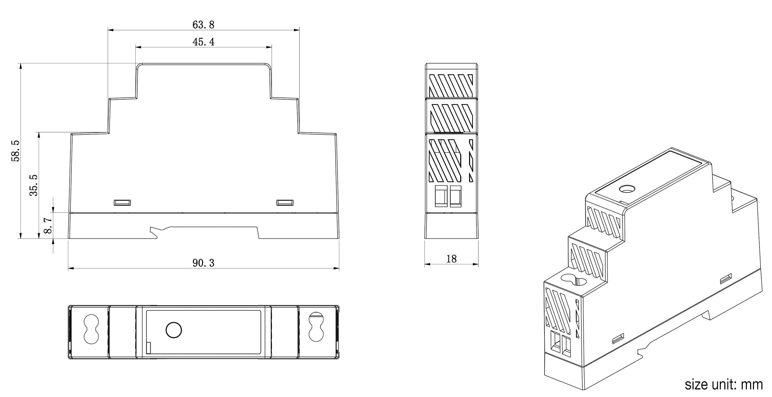 'Technische Zeichnung eines elektrischen DIN-Schienen-Gehäuses mit Maßangaben in Millimetern.'