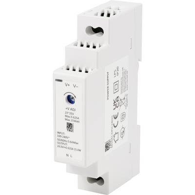 Ein kompaktes Weißes Netzteil mit Aufdruck der Spezifikationen, geeignet für 23-25V Geräte. Enthält Anschlüsse für Input und Output.