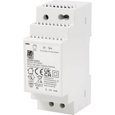 Ein weißes Netzteil für die Hutschienenmontage mit Spezifikationen auf der Vorderseite. Modellnummer: LPH24030, Eingang: 100-240V.