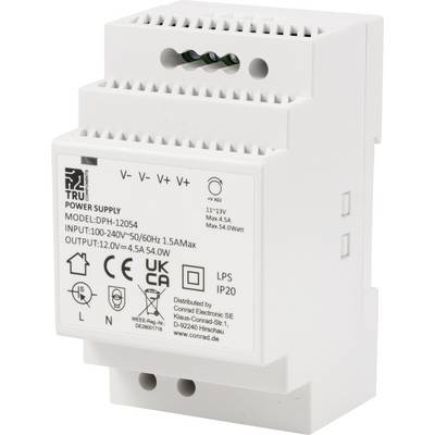 Ein Netzteil für DIN-Schienenmontage, Modell DPH-12054, mit Eingangsbereich 100-240V, Ausgang 12.0V 4.5A 54.0W, Schutzklasse IP20.
