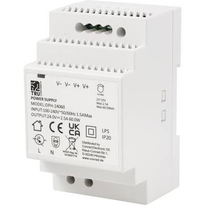 Weißes DIN-Schienen-Netzteil mit Modellnummer DPH-24060, geeignet für Eingänge von 100-240V, Ausgänge von 24.0V und 2.5A.