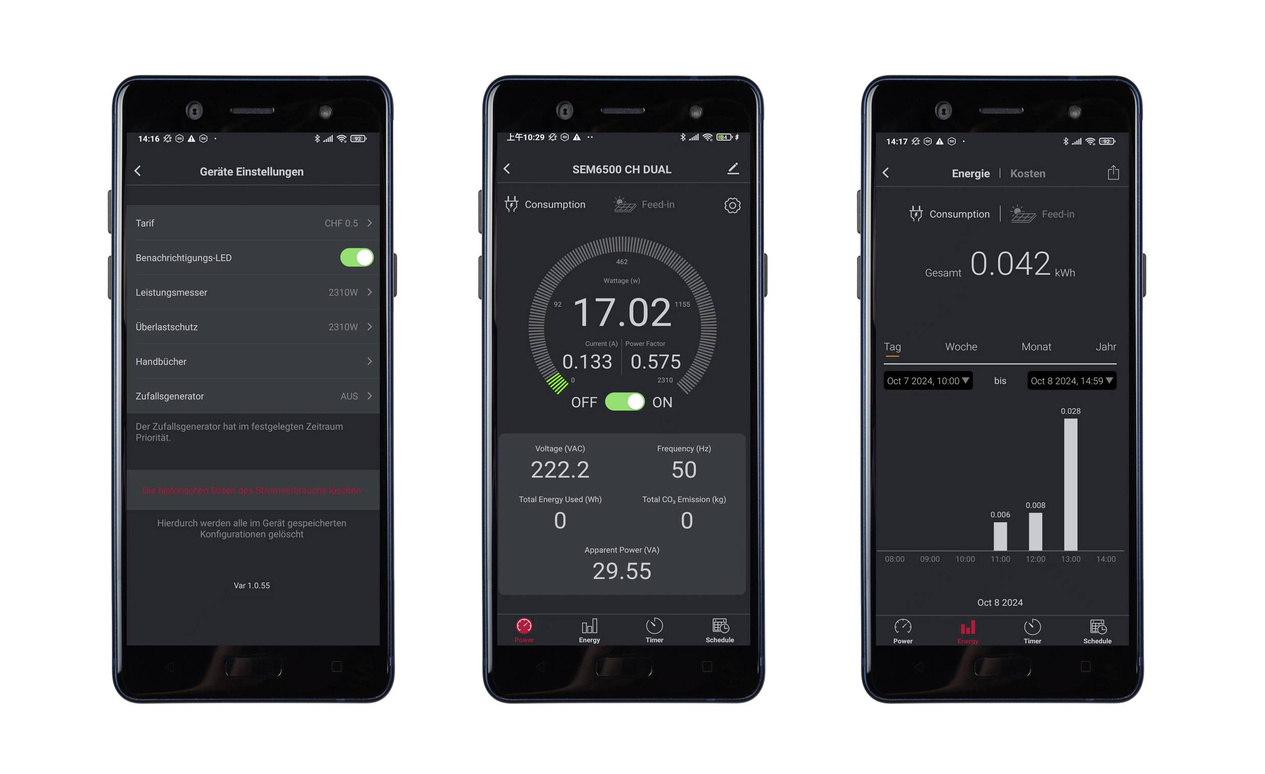 Drei Smartphone-Bildschirme zeigen Energieverbrauchsdaten. Links: Geräteeinstellungen. Mitte: Details zu Energieverbrauch. Rechts: Balkendiagramm des stündlichen Verbrauchs.
