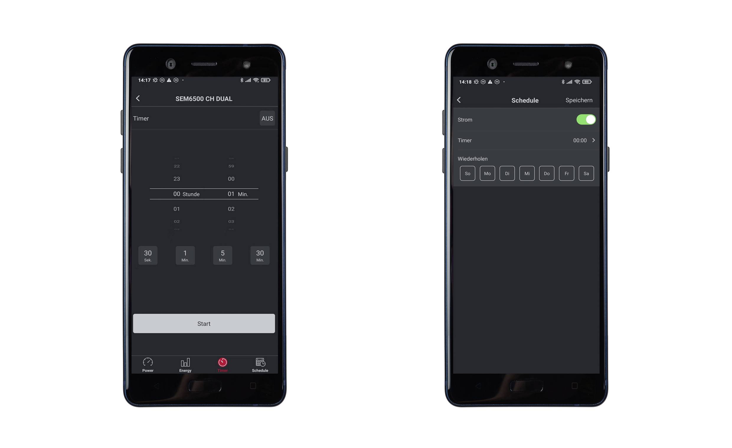 Zwei Smartphone-Bildschirme zeigen eine App-Oberfläche zur Lichtsteuerung. Links: Timer-Einstellungen mit Start-Button. Rechts: Zeitplan und aktivierter Schalter.
