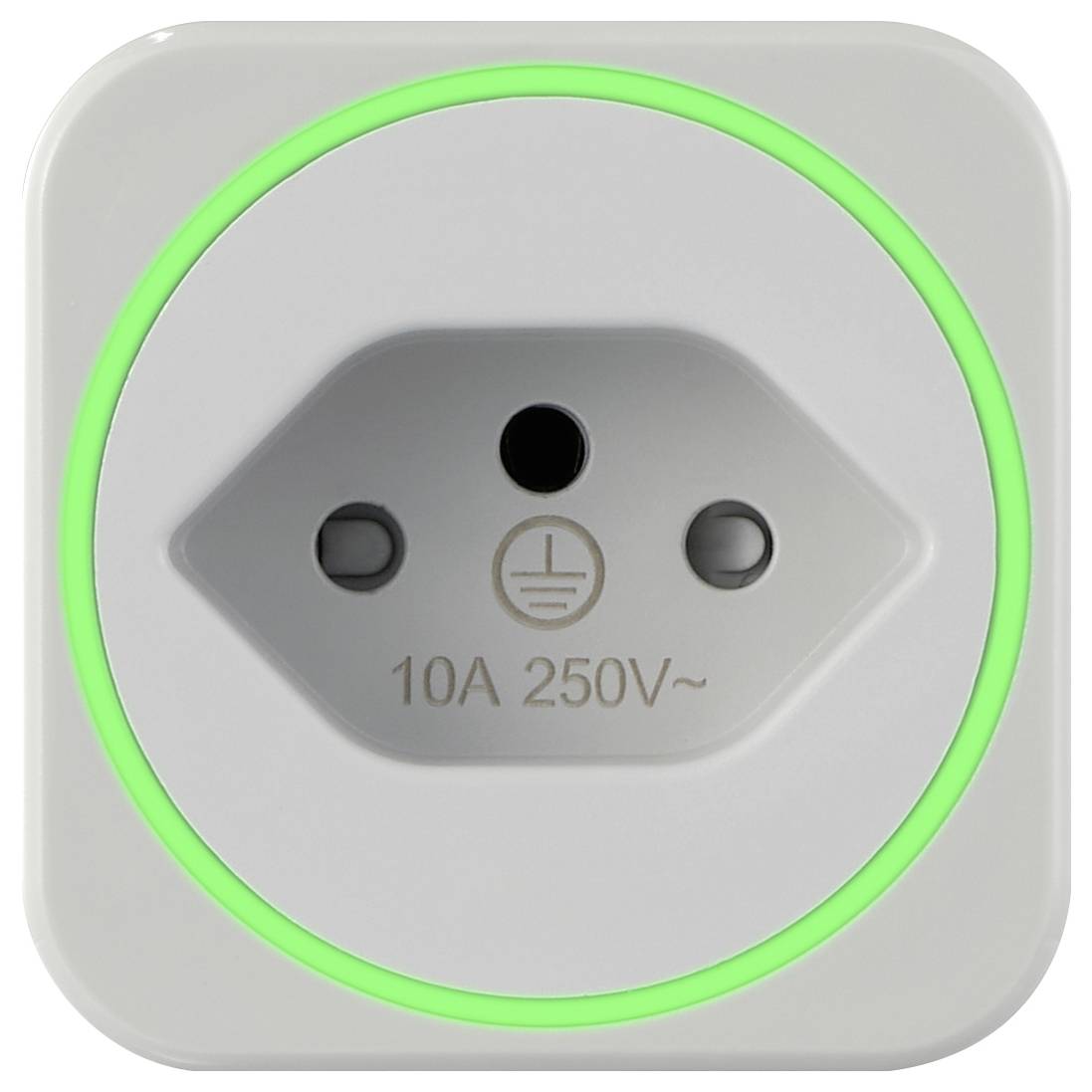 Weiße Steckdose mit rundem, grün beleuchtetem Rand. Zwei Löcher und ein Erdungszeichen in der Mitte, beschriftet mit '10A 250V~'.