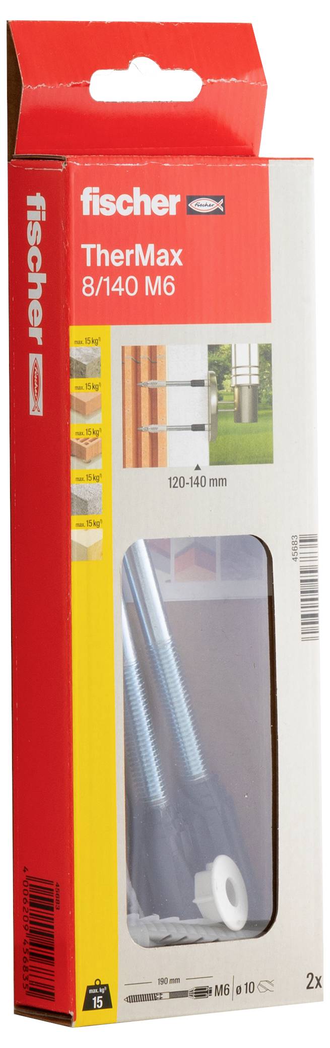 Verpackung der 'fischer TherMax 8/140 M6' mit zwei Befestigungssets, geeignet für Fassadenaufbau von 120-140 mm.