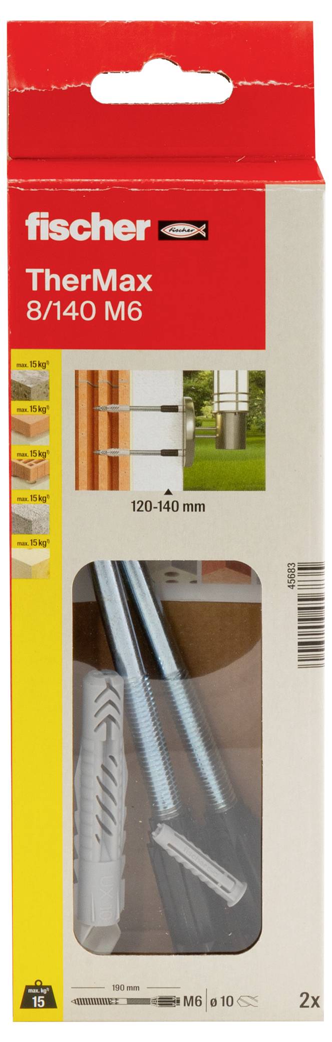 Verpackung einer fischer TherMax 8/140 M6 Befestigungslösung. Enthält zwei Bolzen und Dübel für Wärmedämmverbundsysteme, 120-140 mm.
