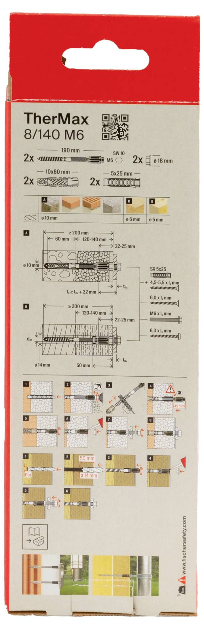 Verpackung eines Befestigungssystems 'TherMax 8/140 M6' mit Illustrationen zur Montageanleitung und technischen Zeichnungen.