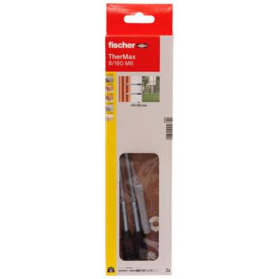 Fischer TherMax 8/160 M6 Wandbefestigungsset in rot-beigem Paket mit Fenster, das Dübel und Schrauben zeigt; mit 2x gekennzeichnet.