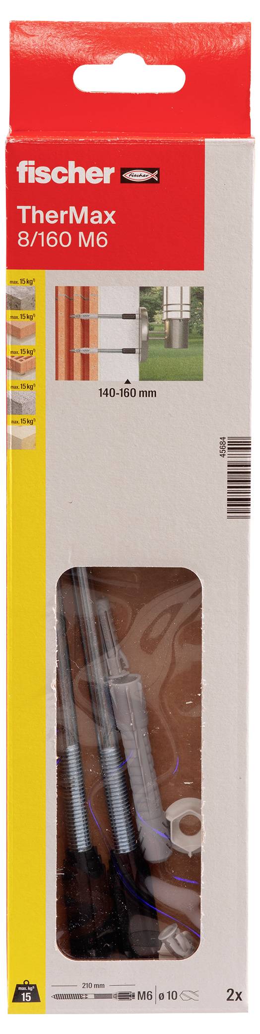 Verpackung des Fischer TherMax 8/160 M6 Dübelsystems. Enthält technische Informationen und Illustrationen zur Anwendung.