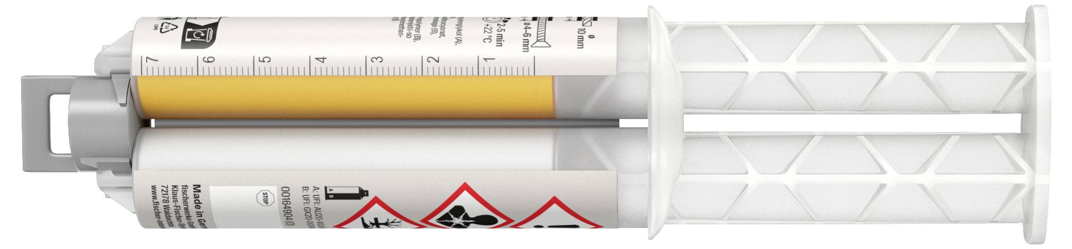 Zweikammerspritze mit Klebstoff. Die linke Kammer enthält eine gelbe Flüssigkeit. Gefahrensymbole sind auf dem Etikett sichtbar.