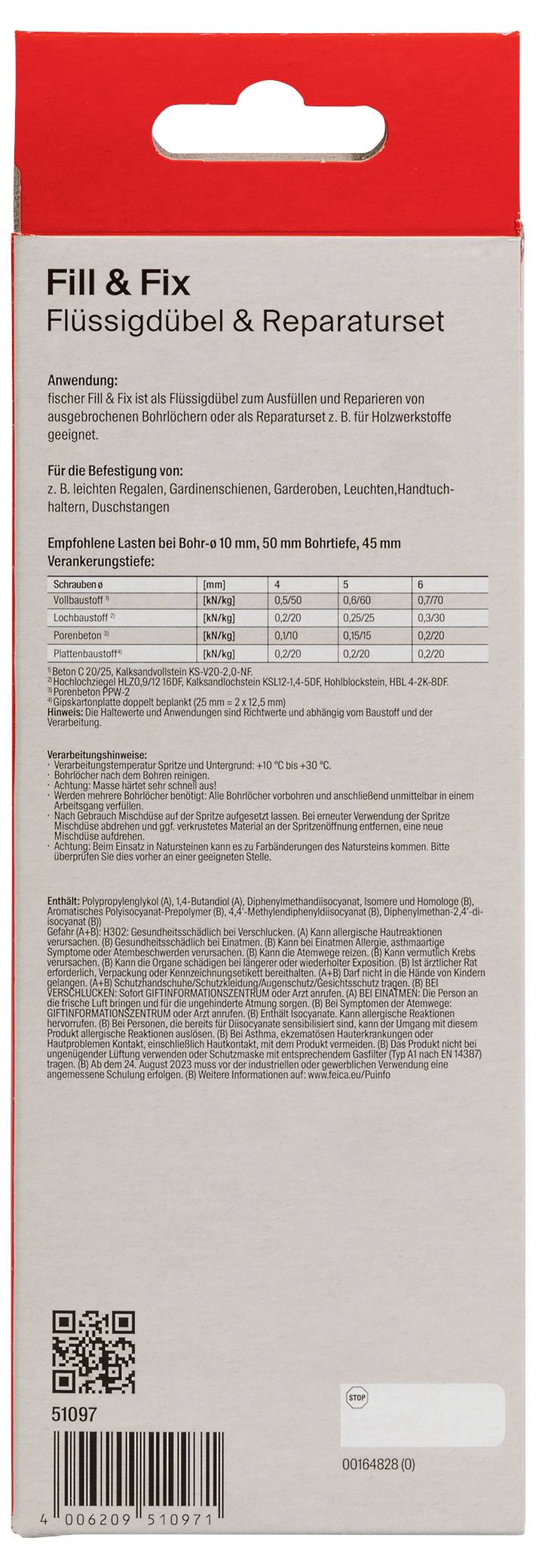 Rückseite einer Verpackung für ein 'Fill & Fix Flüssigdübel & Reparaturset'. Enthält Nutzungshinweise, Anwendungstabellen und Sicherheitshinweise in deutscher Sprache.