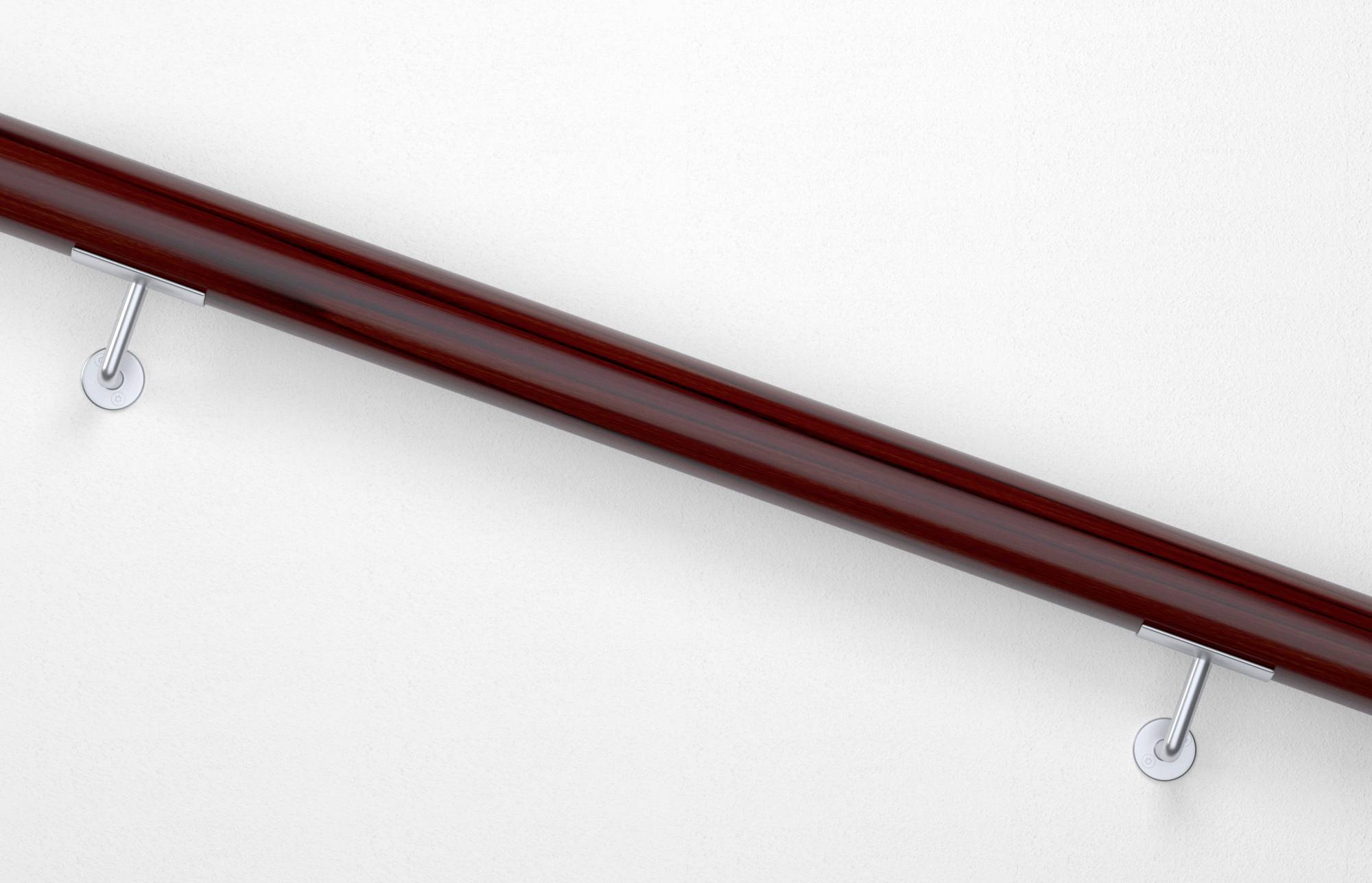 Ein diagonaler, roter Handlauf an einer weißen Wand, an dem zwei Metallhalterungen befestigt sind.