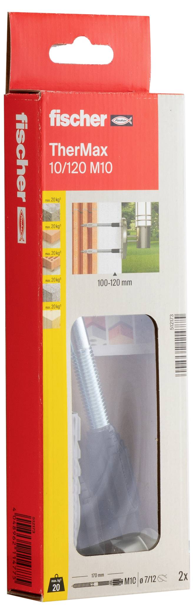 Verpackung von Fischer TherMax 10/120 M10, zeigt Dübel mit Schraube zur Befestigung, Bilder zur Anwendung, Maße 100-120 mm.