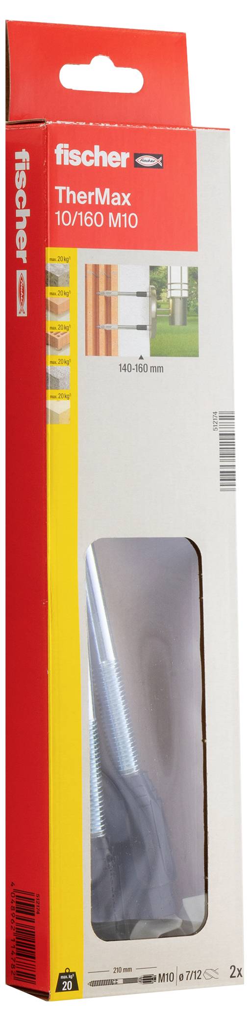Verpackung der Marke 'fischer' mit Produkt 'TherMax 10/160 M10'. Enthält Ankerstangen, abgebildet mit Produktbild und Anwendungsbeispiel.