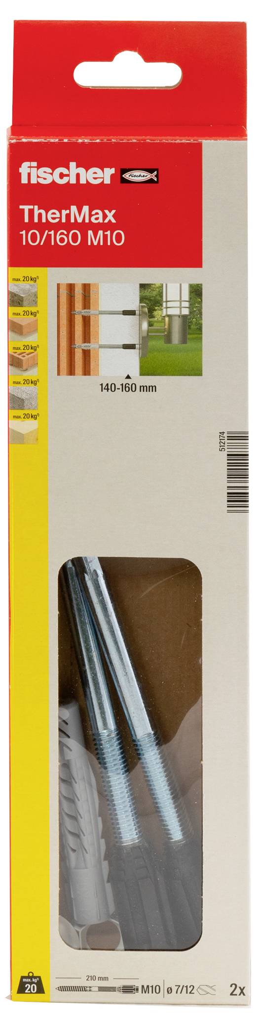 'Fischer TherMax 10/160 M10' Dübelbox, zeigt zwei Bolzen und eine Beispielanwendung für isolierte Fassaden.