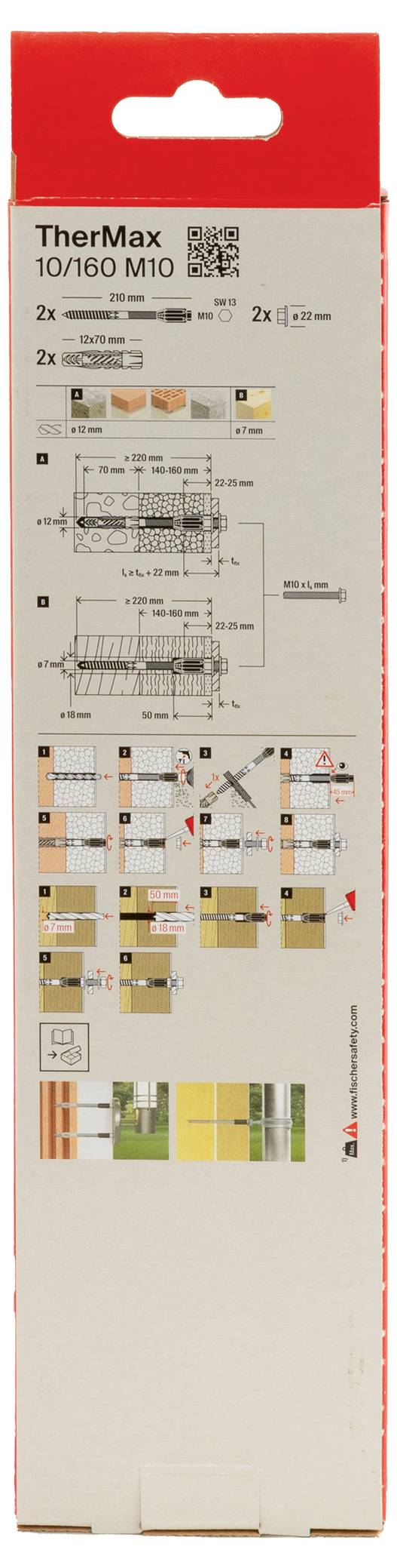 Verpackungsvorderseite eines TherMax 10/160 M10 Produkts. Oben QR-Code und Text. Unten Illustrationen zur Montageanleitung.