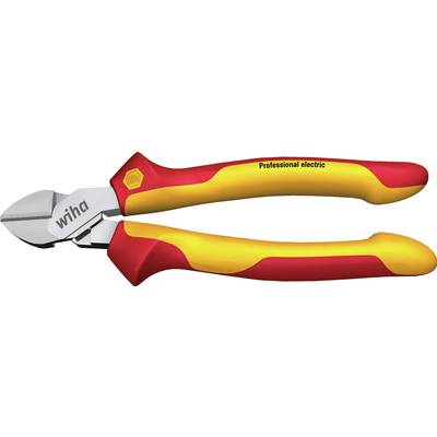 Seitenschneider mit rotem und gelbem Griff, beschriftet mit 'wiha' und 'Professional electric', für elektrische Arbeiten geeignet.