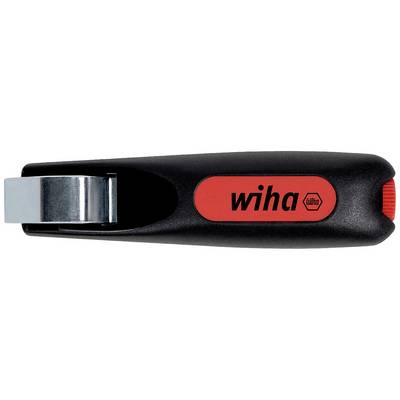 Ein schwarzer Teppichschneider mit Klinge und rotem Griff, auf dem 'wiha' steht.