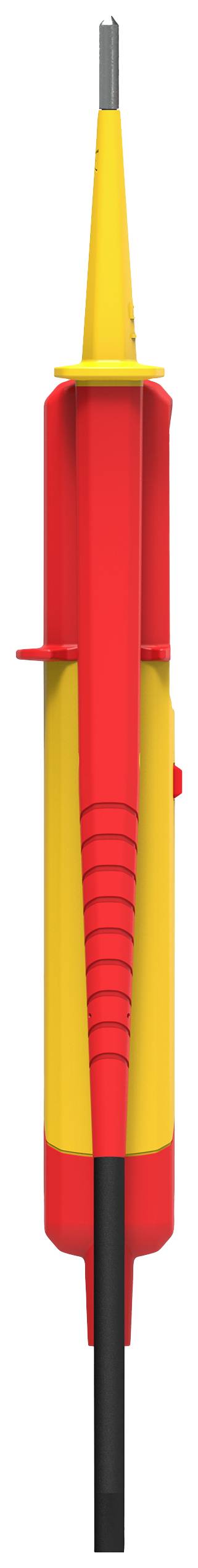 Roter und gelber Spannungsprüfer mit schwarzem Kabel, vertikal ausgerichtet. Hauptwerkzeug zum Testen elektrischer Spannungen.