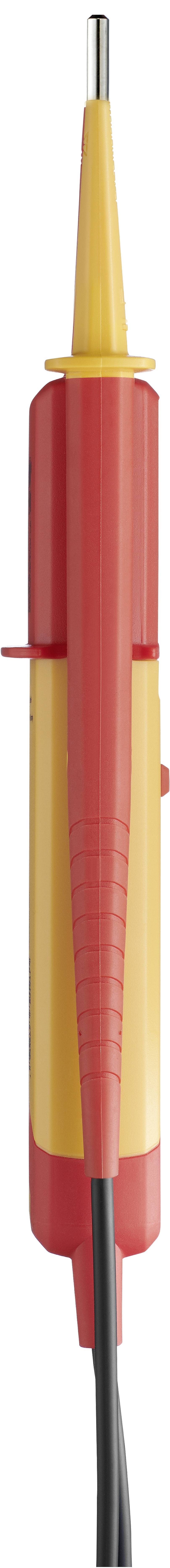 Ein gelber und roter Spannungsprüfer mit schwarzem Kabelende, vertikal ausgerichtet, für elektrische Spannungsmessungen.