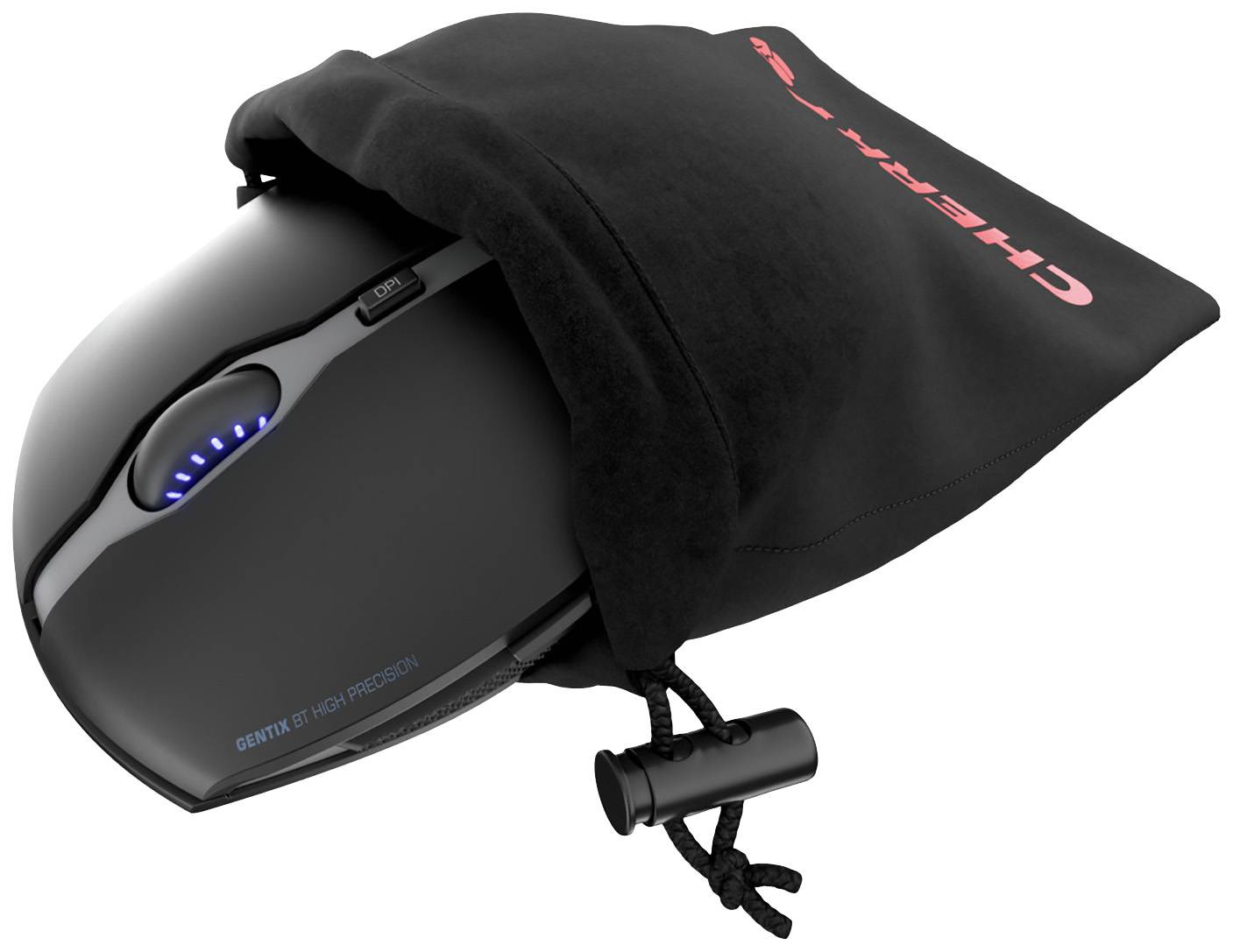 'CHERRY MC 9620 FPS'-Maus in schwarzem Beutel, teilweise sichtbar. Die Maus hat blaue Lichter und eine ergonomische Form.