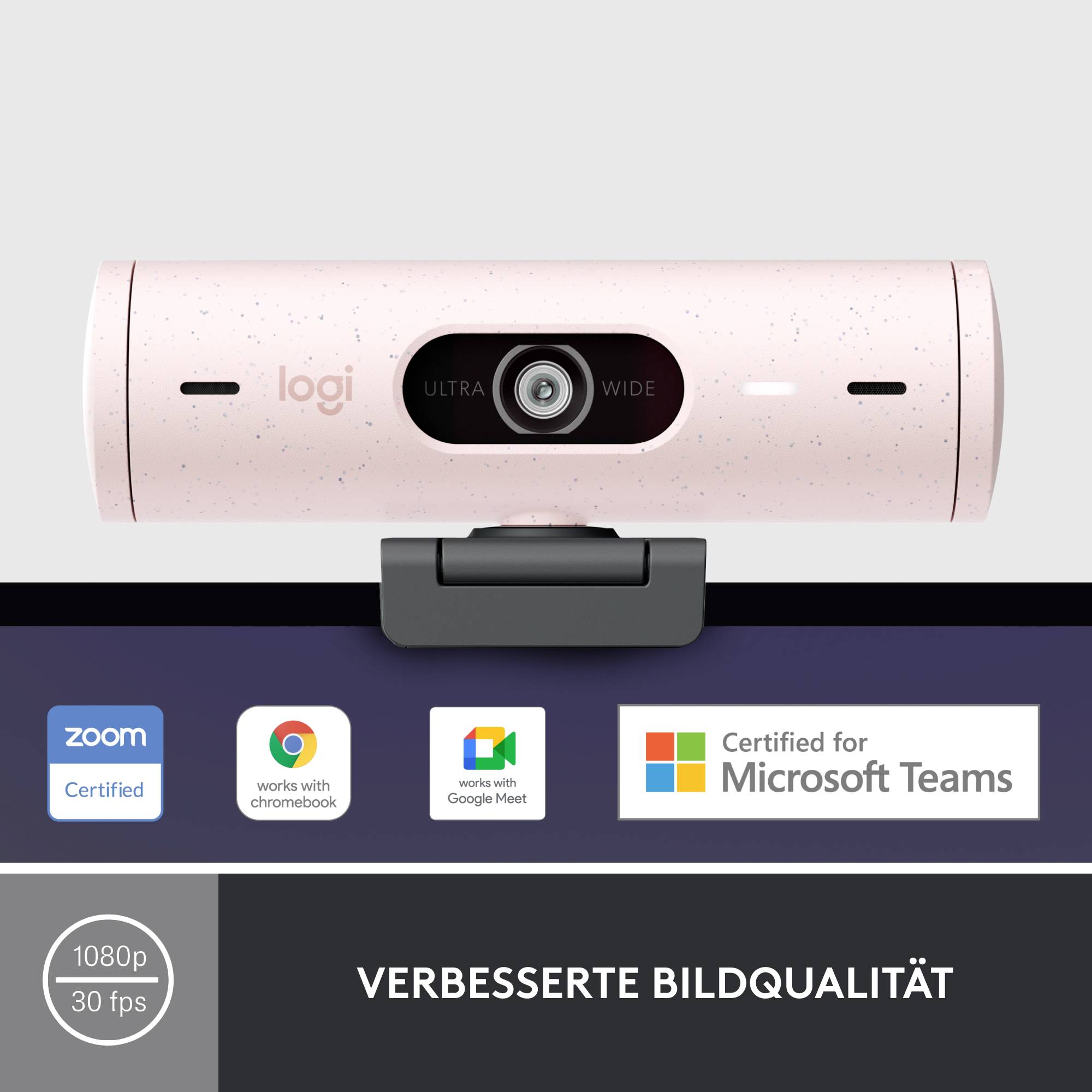 Die Abbildung zeigt eine rosa Logitech-Webcam mit verbesserten Funktionen, geeignet für Zoom, Chromebook, Google Meet und Microsoft Teams. 1080p, 30 fps.