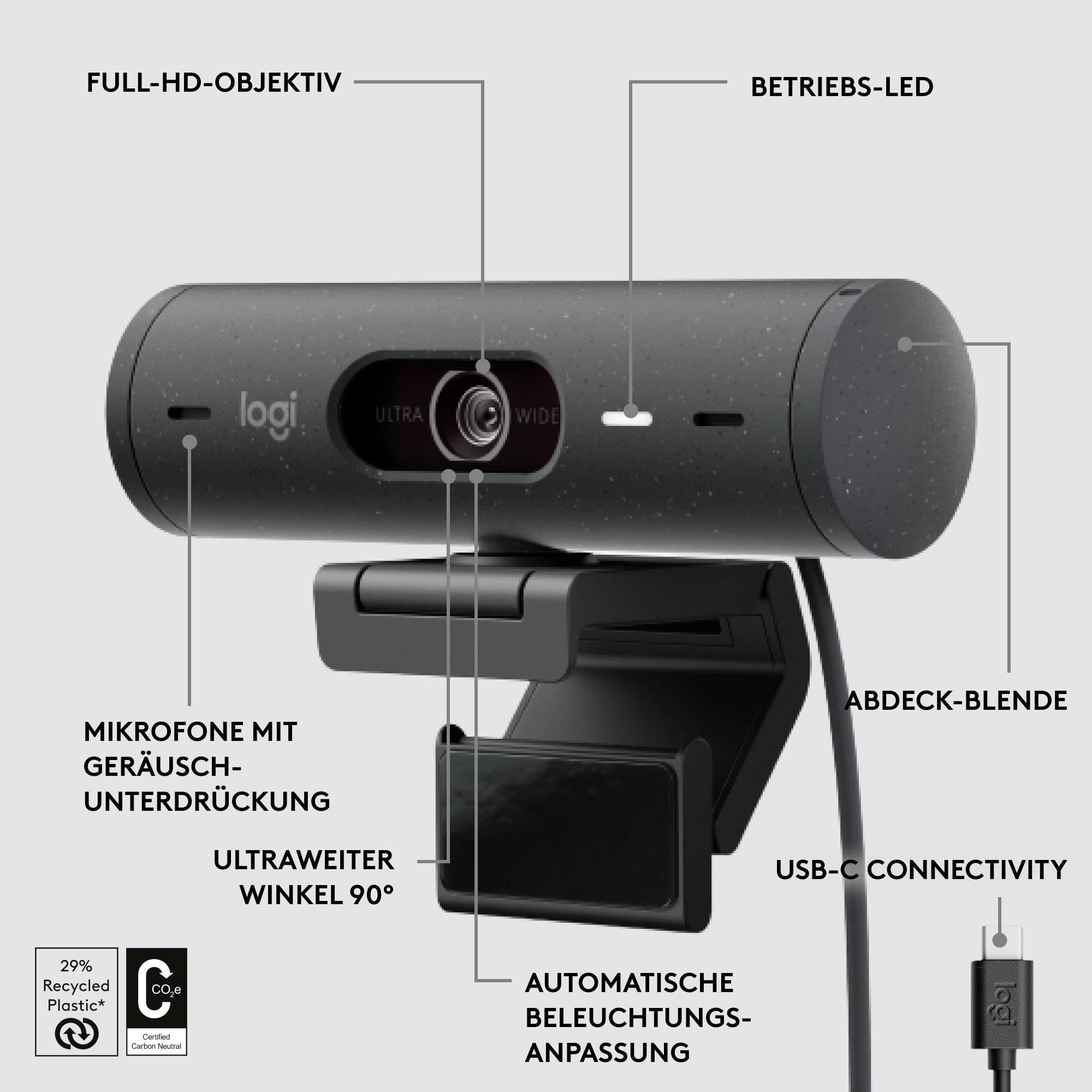 Logitech Webcam mit Full-HD, 90° Weitwinkel, Mikrofon mit Rauschunterdrückung, Betriebs-LED, USB-C-Anschluss und Abdeckblende.