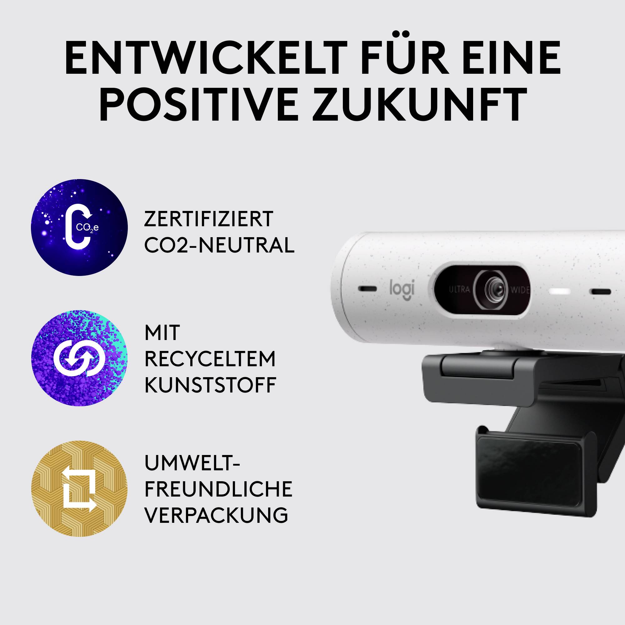 Webcam mit Text 'Entwickelt für eine positive Zukunft'. Zertifiziert CO2-neutral, aus recyceltem Kunststoff, umweltfreundliche Verpackung.