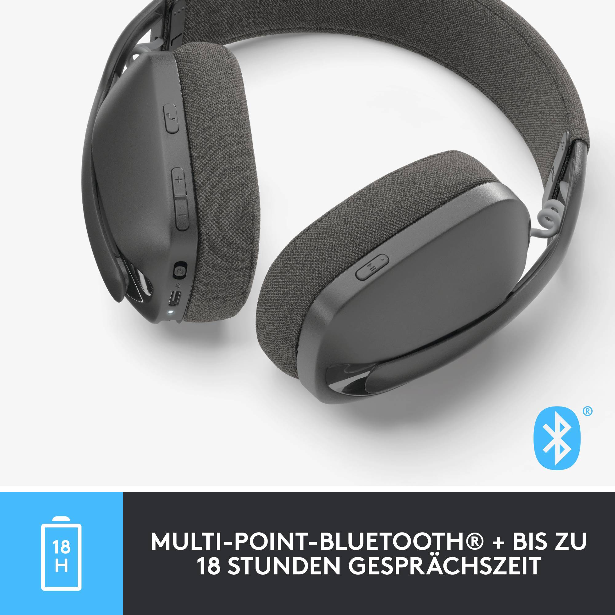 Schwarze Bluetooth-Kopfhörer mit Stoffüberzug, aus verschiedenen Blickwinkeln. Text unten: 'Multi-Point-Bluetooth® + bis zu 18 Stunden Gesprächszeit'.