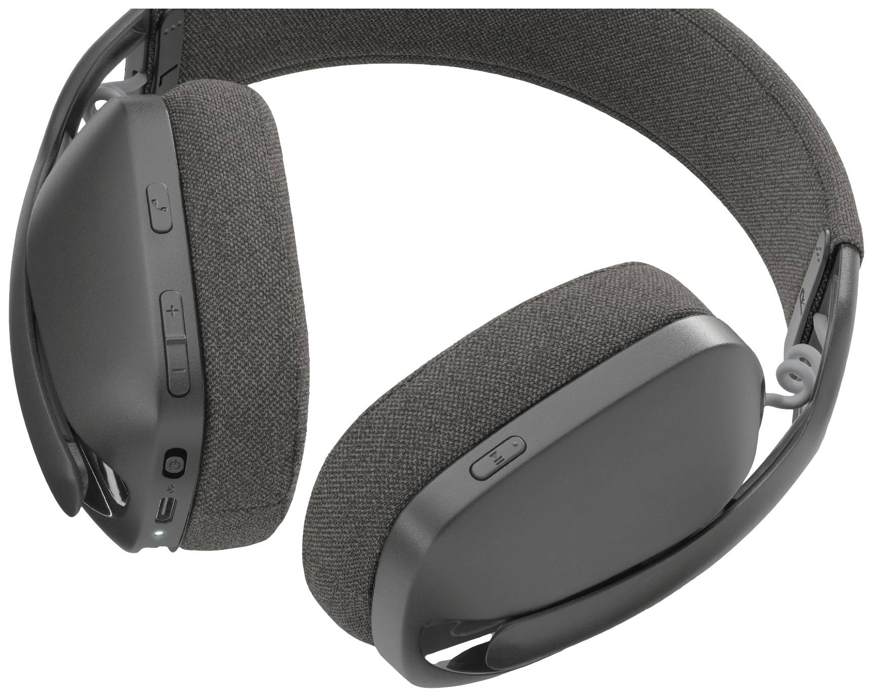 Schwarze Over-Ear-Kopfhörer mit gepolsterten Ohrmuscheln und Bügel. Tasten zur Lautstärkeregelung und Anschlüsse an der Seite.