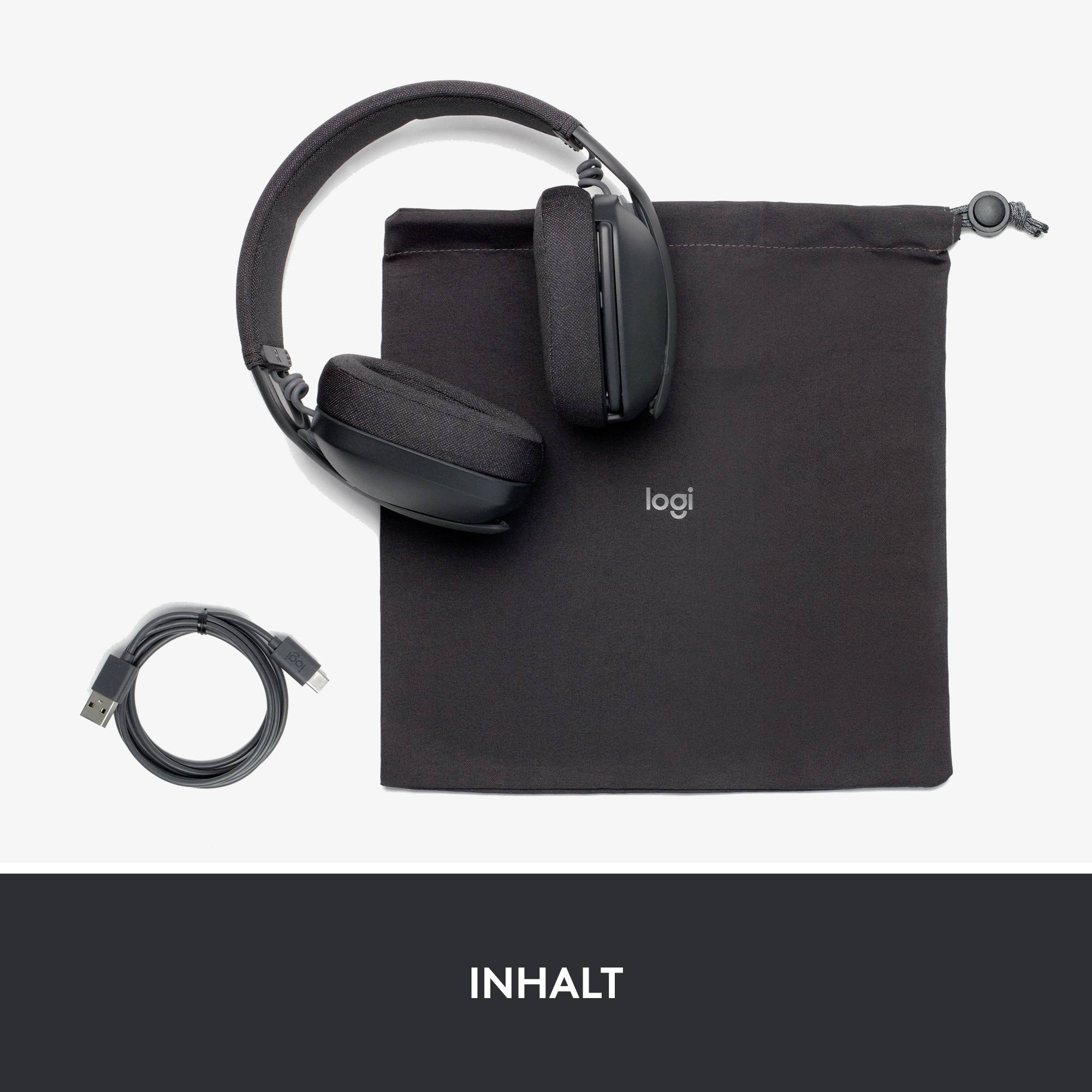 Drahtloses Headset mit zugehöriger Tragetasche und USB-Ladekabel. Markennamen "logi" auf der Tasche sichtbar.