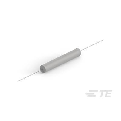 Zylindrisches elektrisches Bauteil mit zwei Anschlussdrähten, auf weißem Hintergrund. Enthält TE-Logo.