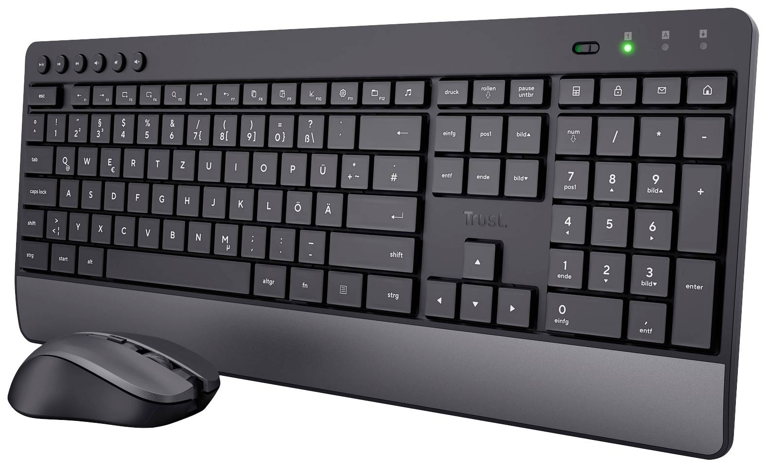 Kabellose schwarze QWERTY-Tastatur mit Nummernblock, Funktionstasten und Lautstärkereglern. Maus daneben. Ideal für Büroarbeiten.