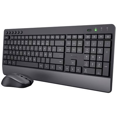 Kabellose schwarze QWERTY-Tastatur mit Nummernblock, Funktionstasten und Lautstärkereglern. Maus daneben. Ideal für Büroarbeiten.