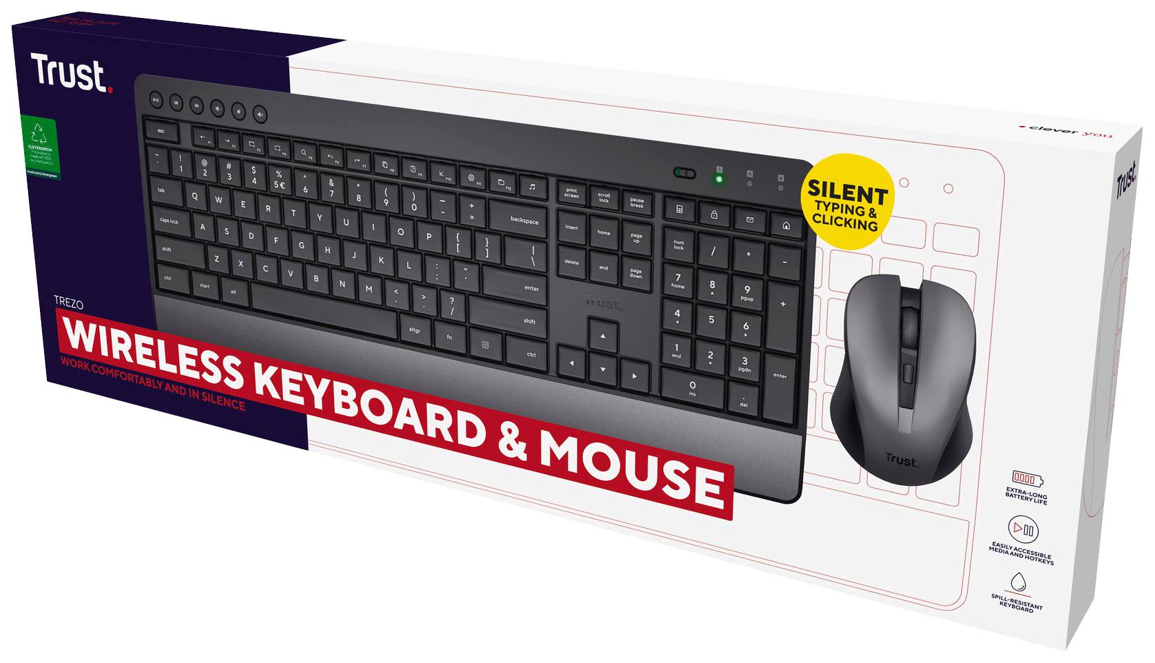 Verpackung eines kabellosen Tastatur- und Maussets von Trust. Enthält die Bezeichnung 'Silent Typing & Clicking'.