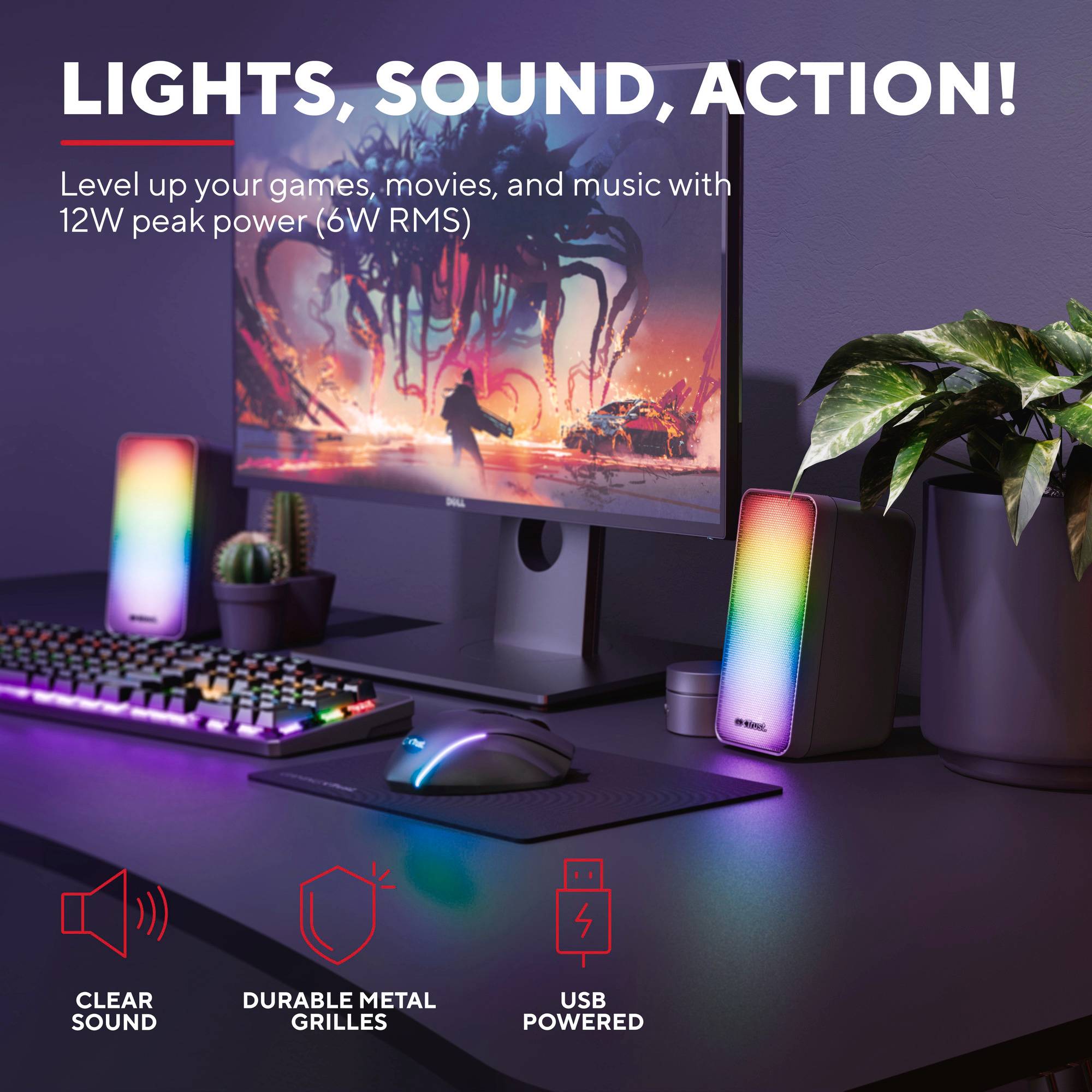 'Licht, Sound, Action!' Beleuchteter Computertisch mit Monitor, Lautsprechern und Tastatur. Text beschreibt Lautsprecherleistung und Merkmale.