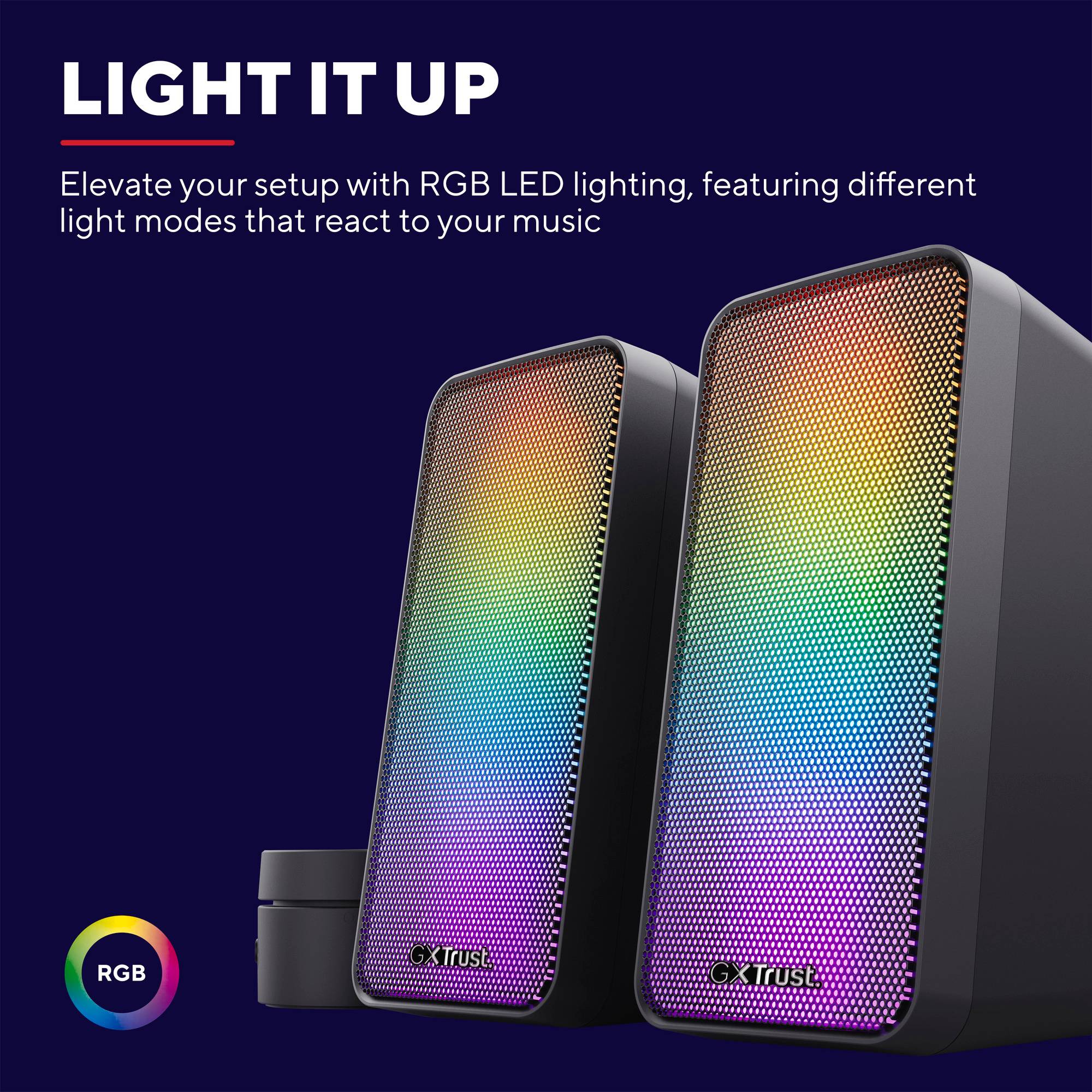 RGB-Lautsprecher mit leuchtendem LED-Licht, zeigen eine bunte Farbpalette. Text oben: 'LIGHT IT UP'.