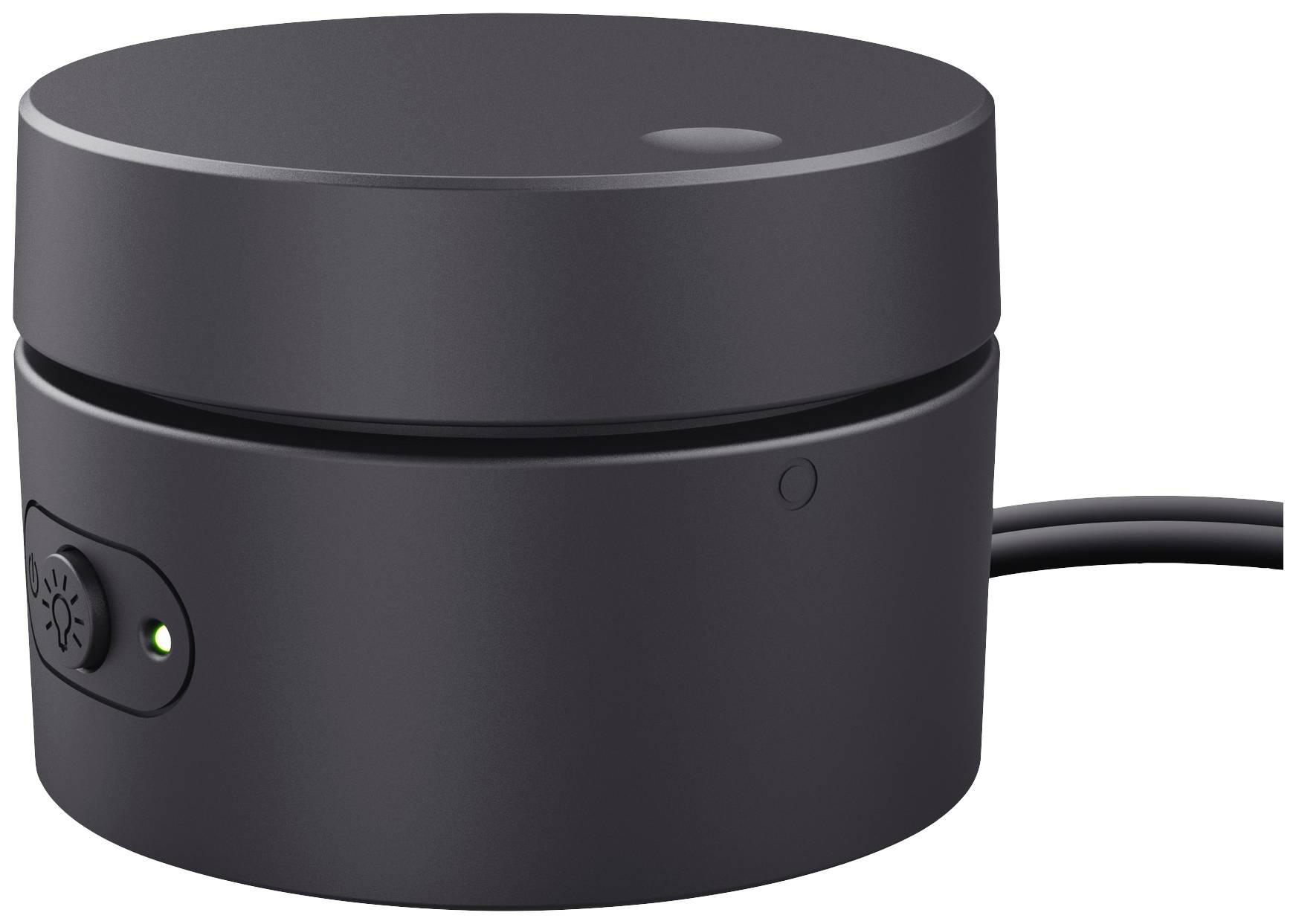 Ein schwarzes, rundes elektronisches Gerät mit einem Drehknopf und einem leuchtenden Indikator zeigt an, dass es eingeschaltet ist.