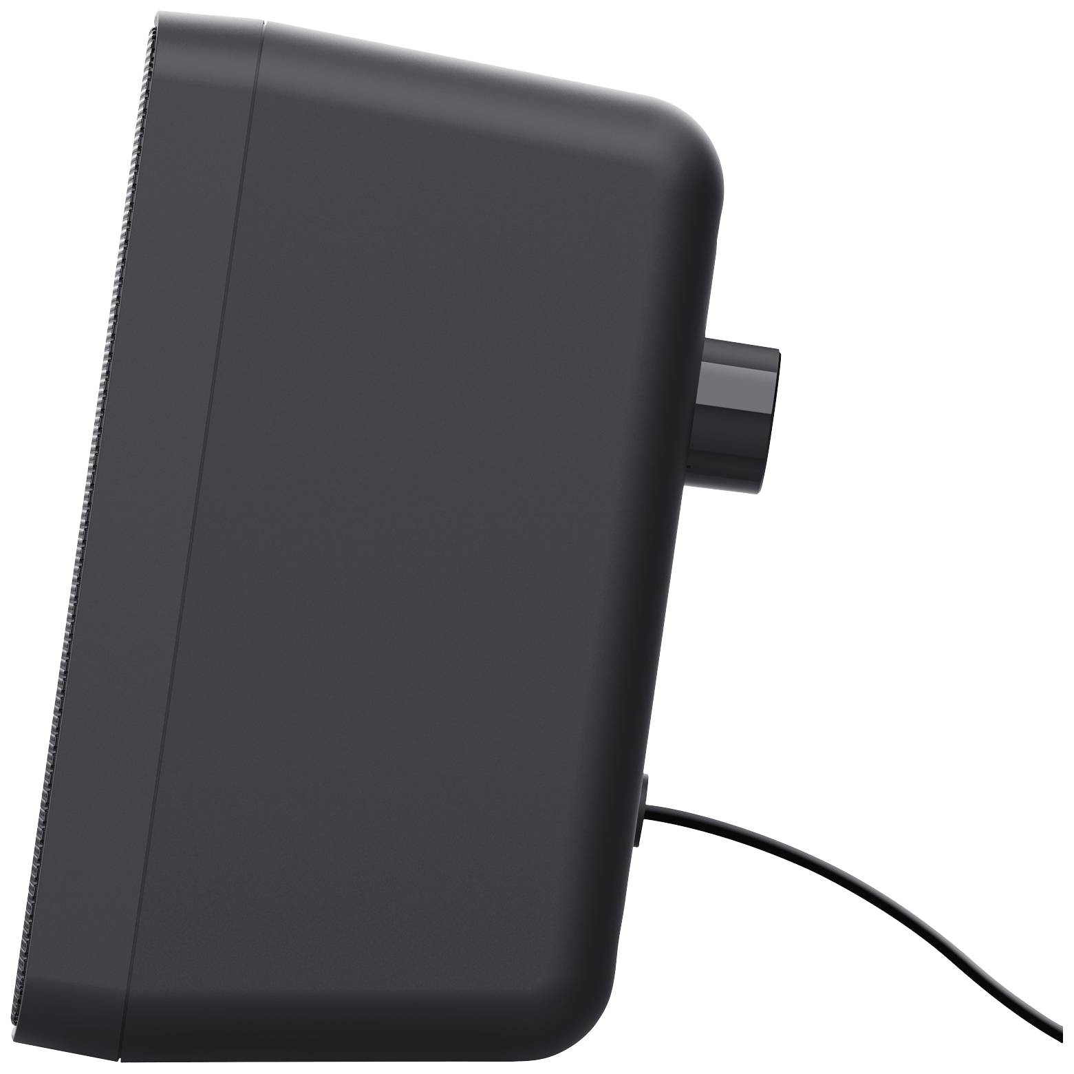 Schwarzer Computerlautsprecher, Seitenansicht, mit Lautstärkeregler und Stromkabel.