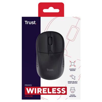 Verpackung eines kabellosen Trust Primo Maus mit kompaktem Design, Micro-Receiver und einstellbarer Geschwindigkeit von 1000-1600 DPI.