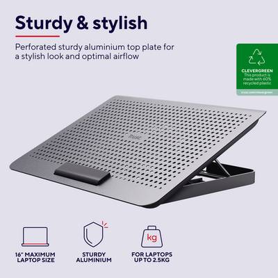 Metallischer Laptopständer mit perforierter Oberfläche für Luftzirkulation; 16" maximaler Laptopgröße, geeignet bis 2,5 kg Gewicht.