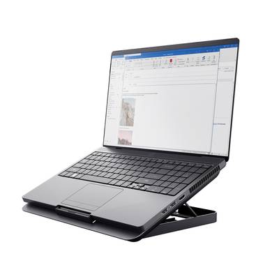 Laptop auf einem Ständer, Bildschirm zeigt eine teilweise geöffnete E-Mail-Anwendung.