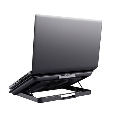 Laptop auf einem verstellbaren Kühlständer mit mehreren USB-Anschlüssen, abgebildet von hinten.