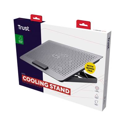Verpackung eines Laptop-Kühlständers von Trust. Abgebildet ist ein schwarzer Ständer mit Lüftung, geeignet für Laptops bis 17 Zoll.