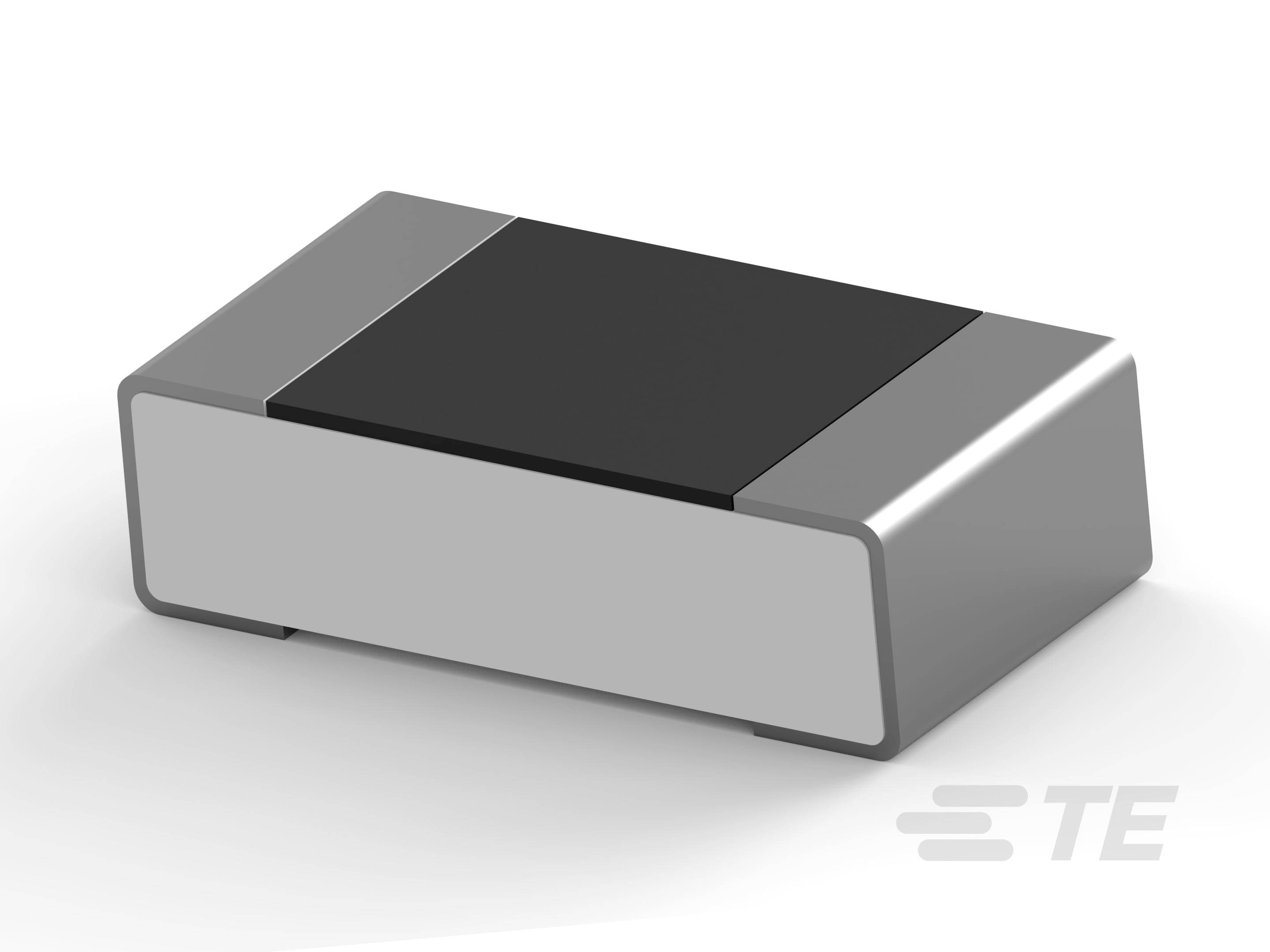 Rechteckiges elektronisches Bauteil in Silber und Schwarz, leicht schräg platziert, mit einem Logo in der rechten unteren Ecke.
