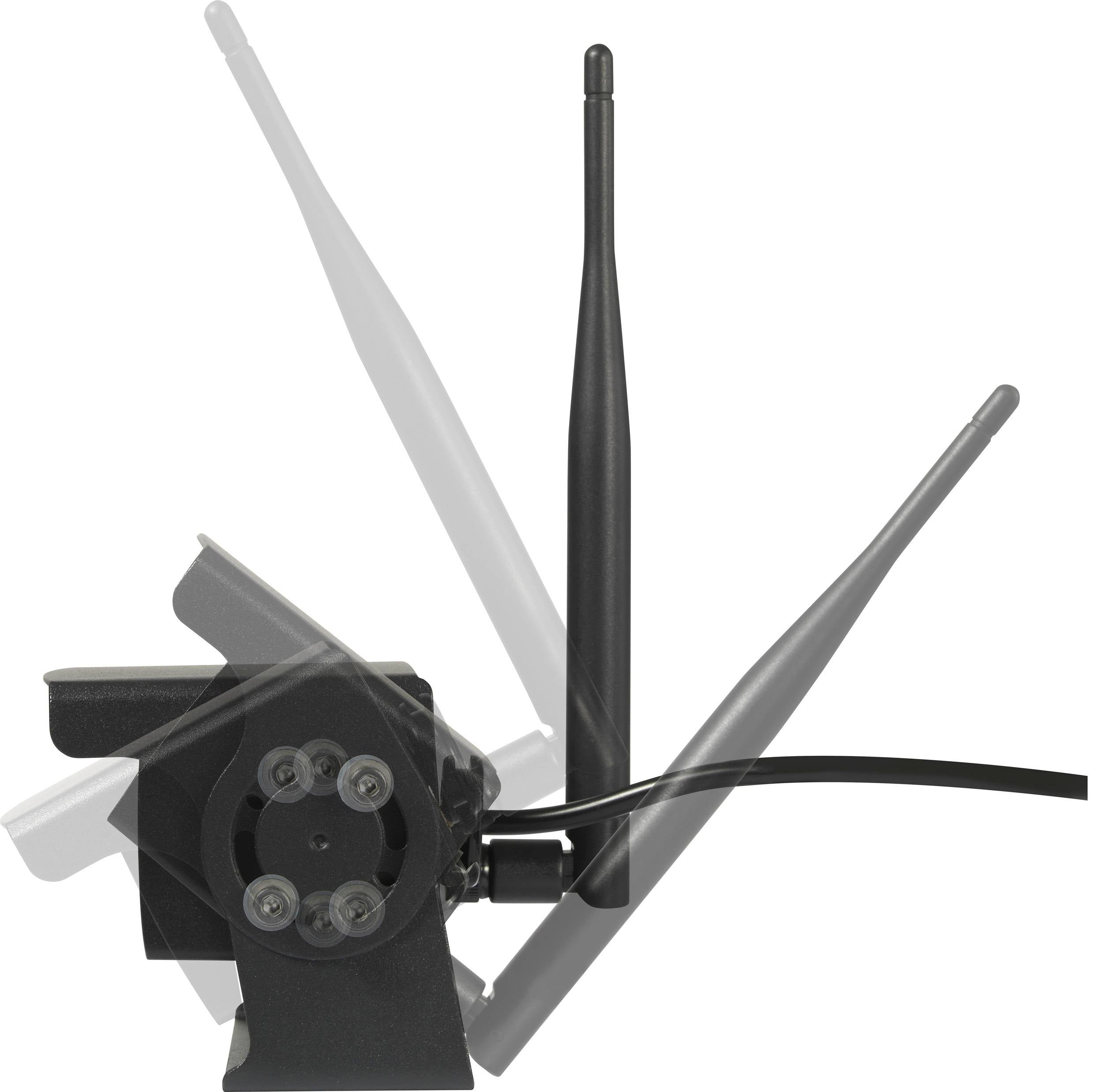 'Eine verstellbare schwarze Antenne auf einem rotierenden Gelenk, zeigt verschiedene Winkel.'